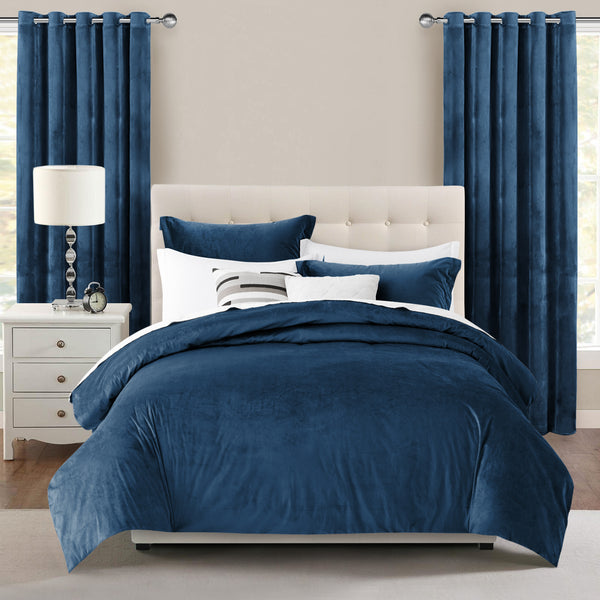 Crushed Velvet Blue Duvet Cover and Eyelet Curtains Matching Set