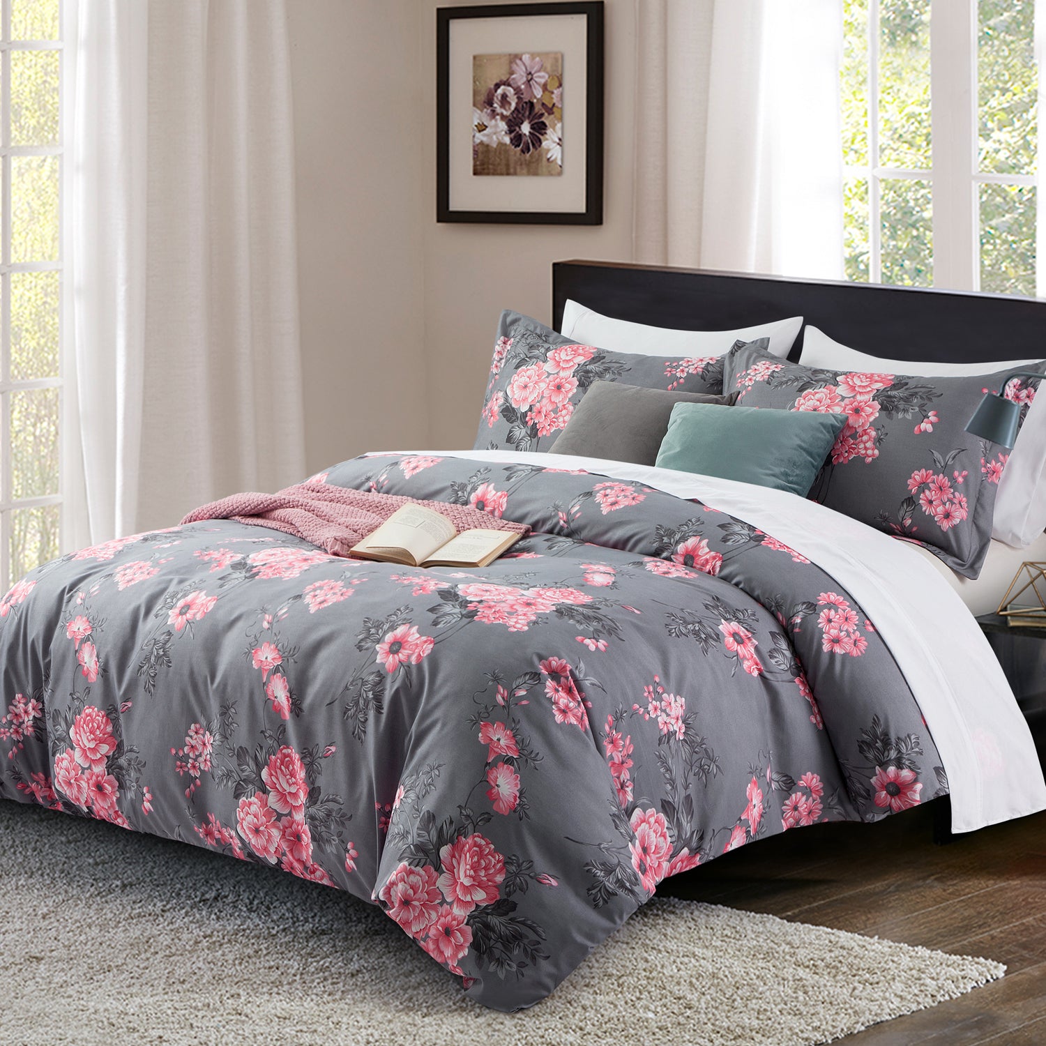 Grey Floral Bouquet Print Bedding Duvet Cover Set