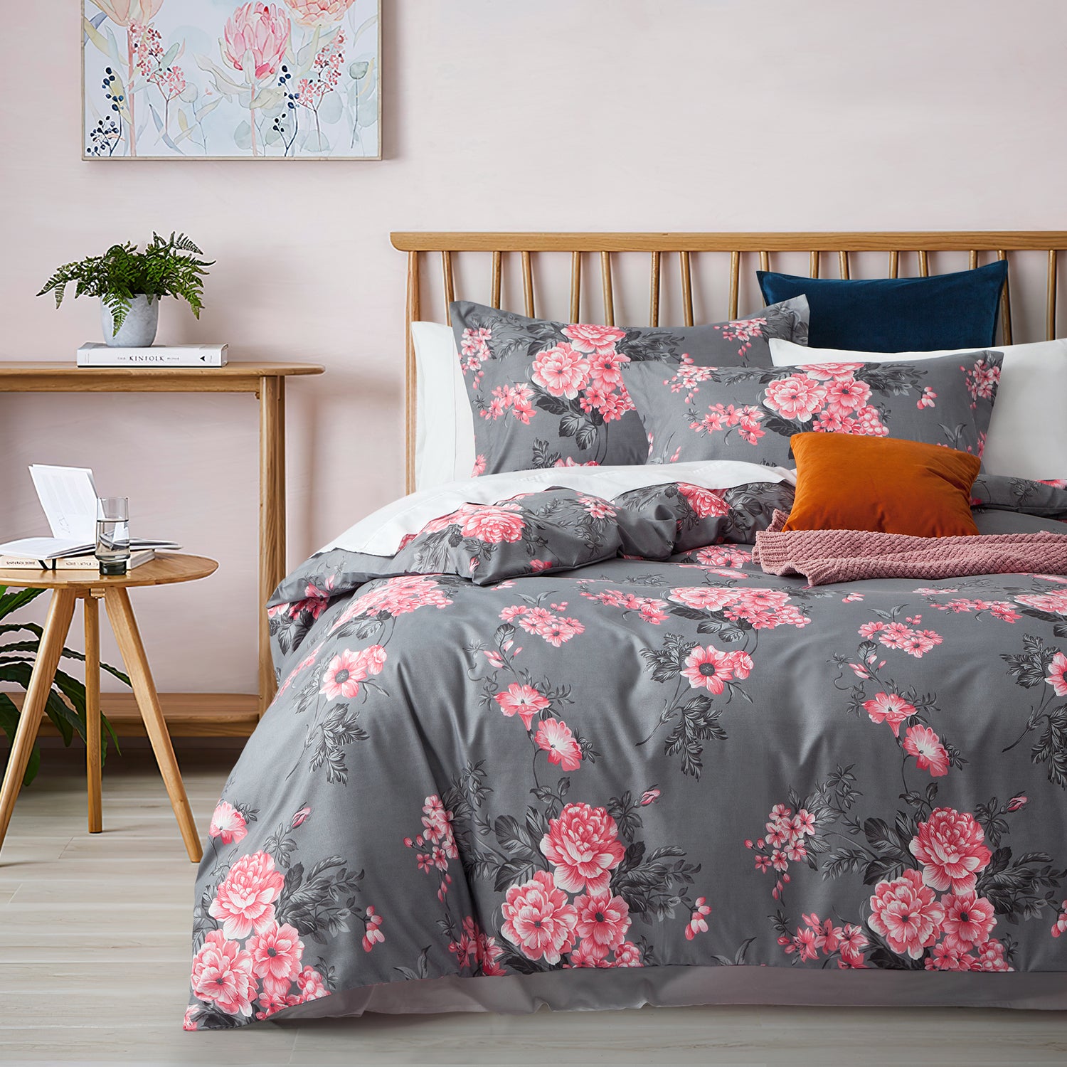 Grey Floral Bouquet Print Bedding Duvet Cover Set