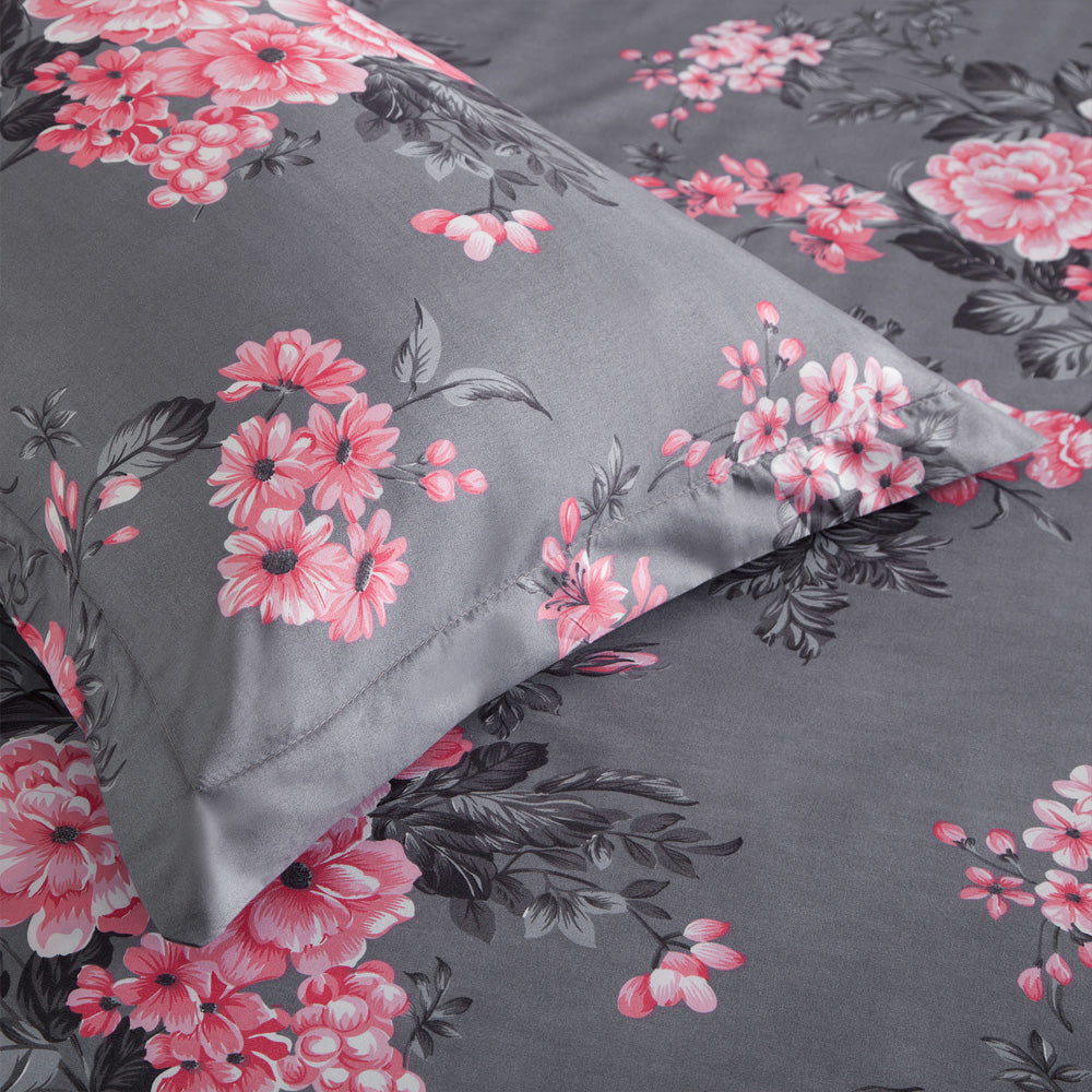 Grey Floral Bouquet Print Bedding Duvet Cover Set