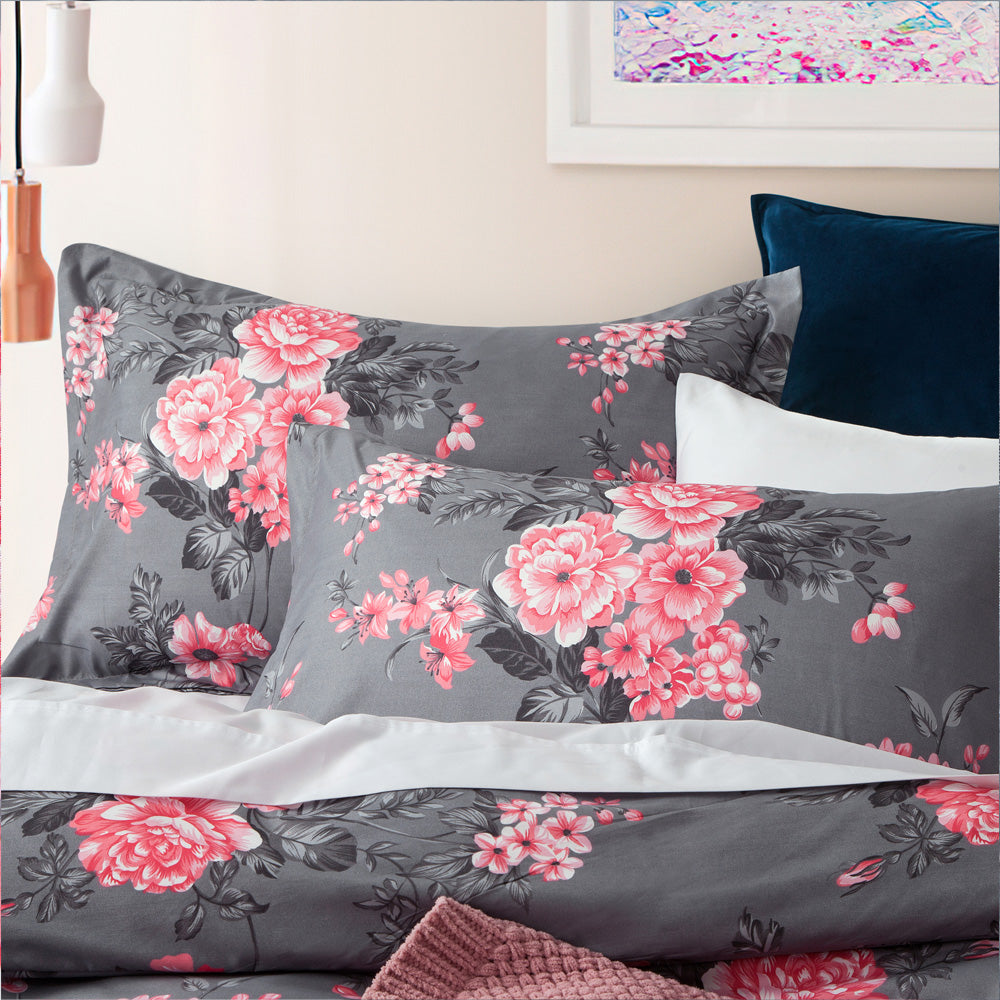 Grey Floral Bouquet Print Bedding Duvet Cover Set