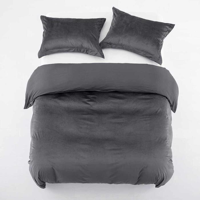 Crushed Velvet Charcoal Duvet Cover and Eyelet Curtains Matching Set