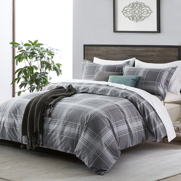 Double Bedding Check Printed Duvet Cover Set Grey