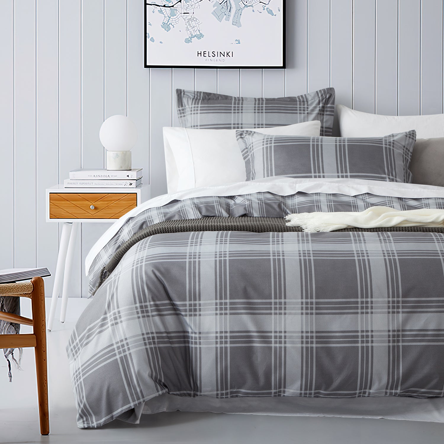 Double Bedding Check Printed Duvet Cover Set Grey