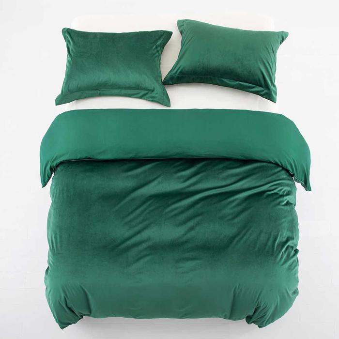 Crushed Velvet Duvet Cover Green and Eyelet Curtains Matching Set
