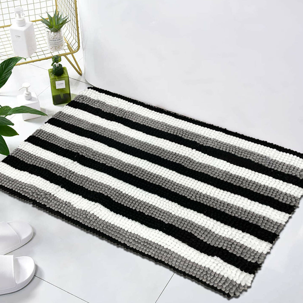 Chenille Stripe Bath Mat Non Slip Memory Foam Water Absorbent Mat