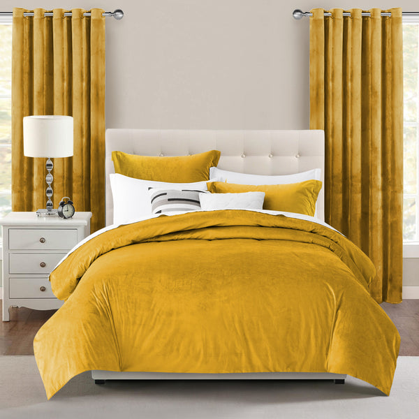 Ochre Crushed Velvet Duvet Cover and Eyelet Curtains Matching Set