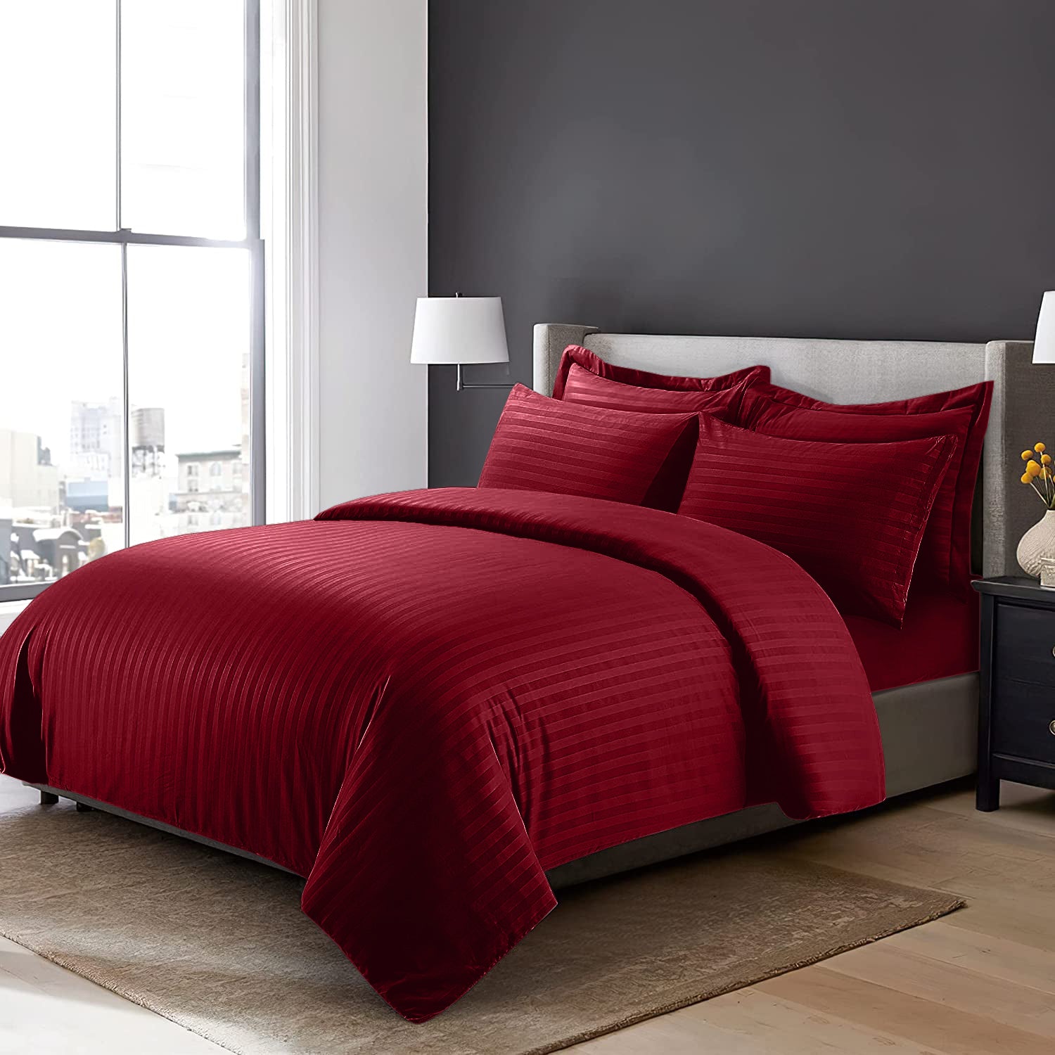 Burgundy Stripe Duvet Cover Set