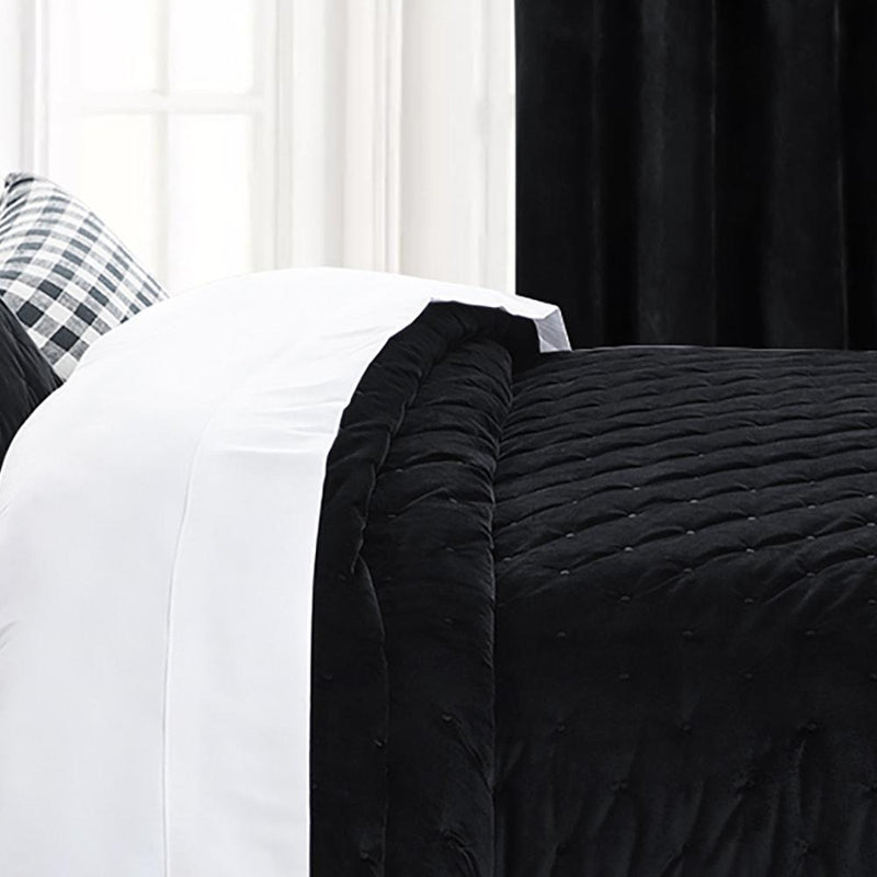 Crushed Velvet Black Bedspread and Eyelet Curtains Matching Set