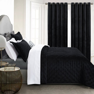 Crushed Velvet Black Bedspread and Eyelet Curtains Matching Set