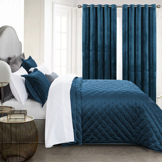 Velvet Bedspread Navy Blue and Matching Eyelet Curtains