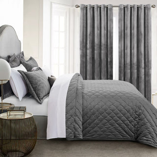 Crushed Velvet Grey Bedspread and Matching Eyelet Curtain