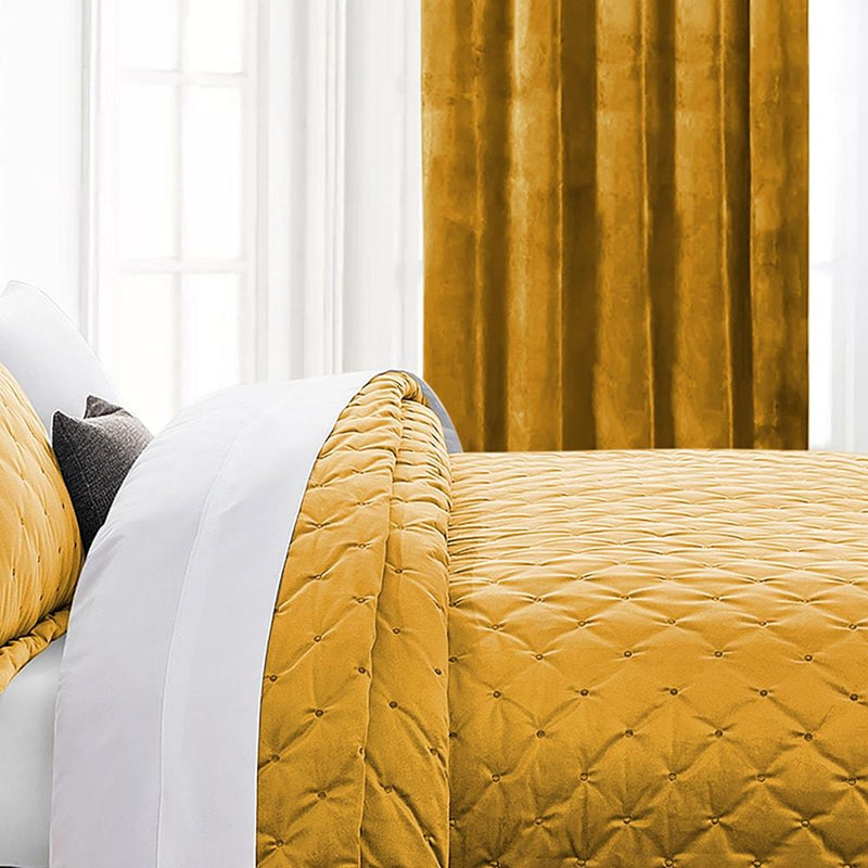 Crushed Velvet Bedspread Ochre and Matching Eyelet Curtains