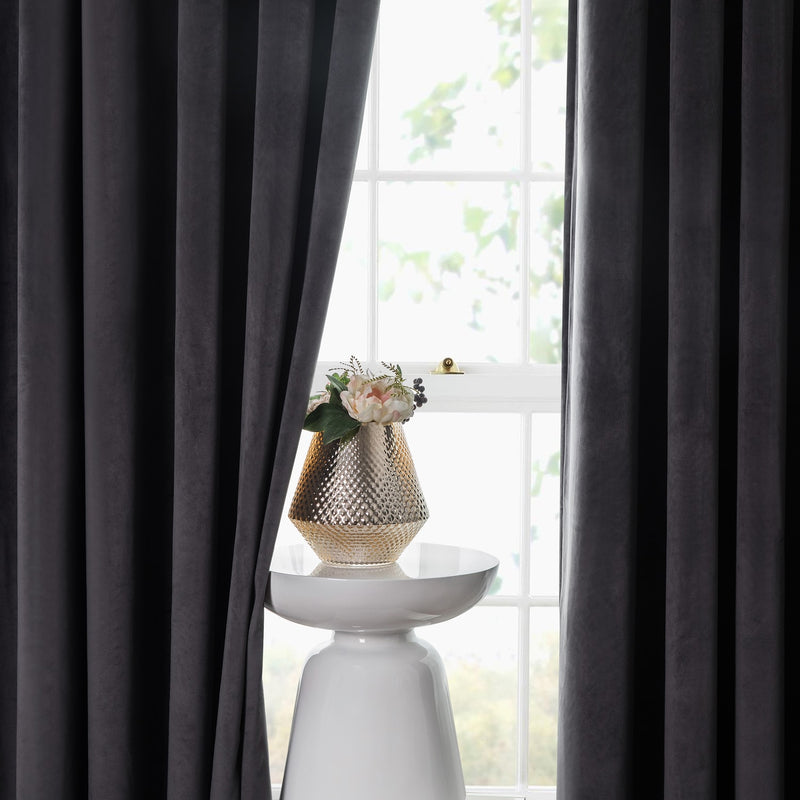 Charcoal Eyelet Curtains Crushed Velvet Window Drape